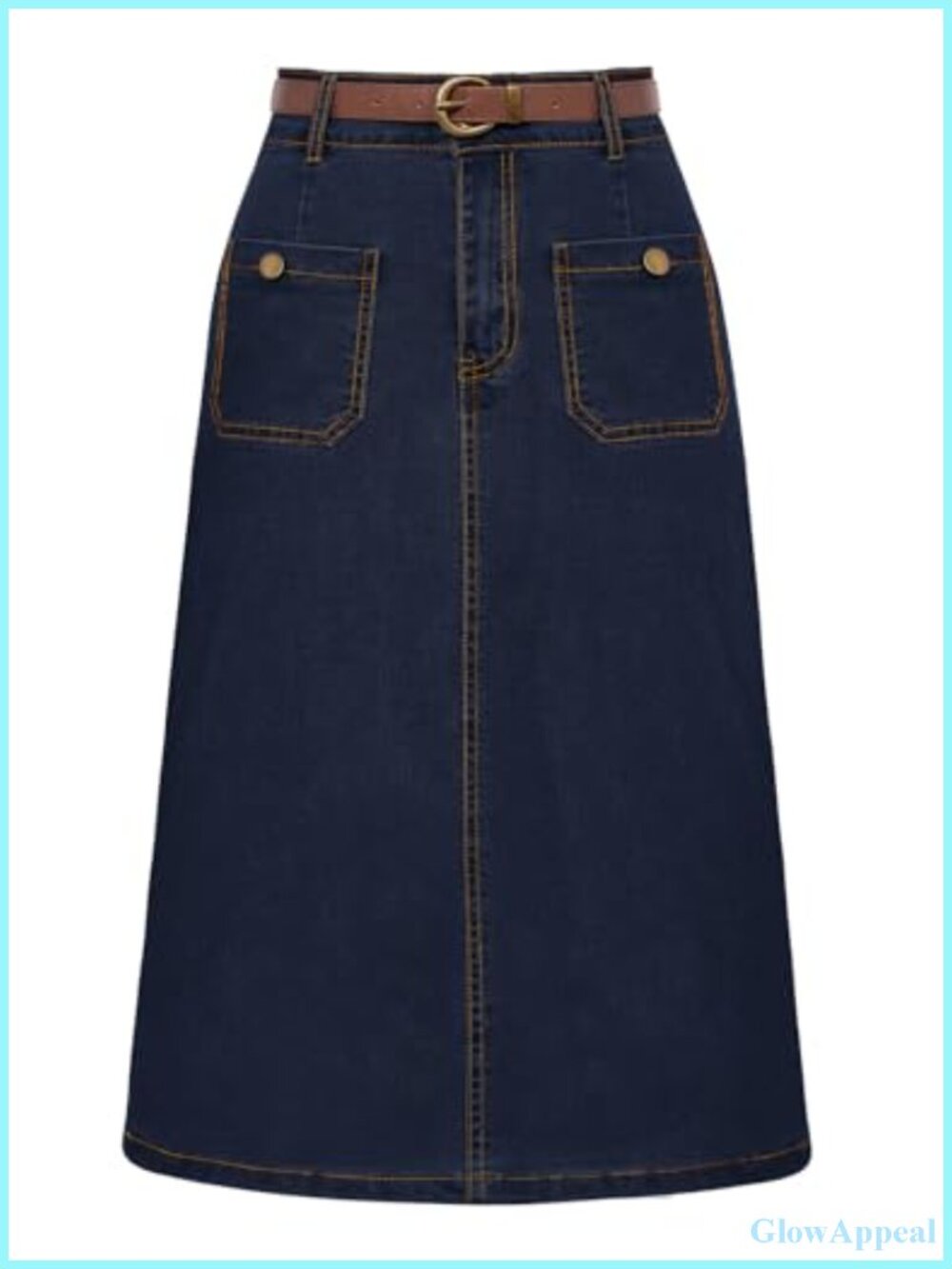 High Waisted Denim Skirt with Belt Below Knee Length Jean Skirt